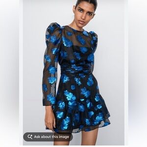 Zara Organza Floral Mini Dress Black & Blue - Women's Size XL